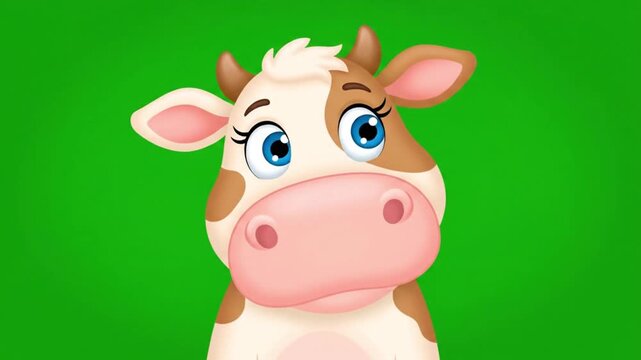 Cartoon cow with winking face on green background