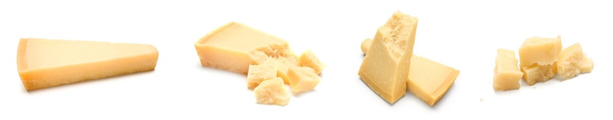 Set of tasty Parmesan cheese on white background