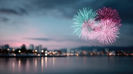 Fototapeta premium Fireworks Display over Cityscape at Dusk with Sparkling Light and Hazy Sky in a Festive Celebration