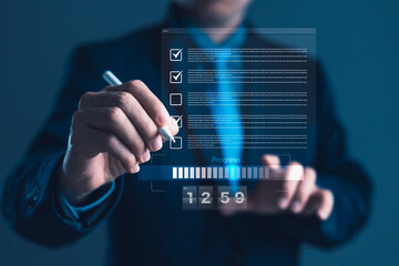 Businessman completing digital checklist with stylus and progress tracking bar for time-efficient task management and productivity improvement