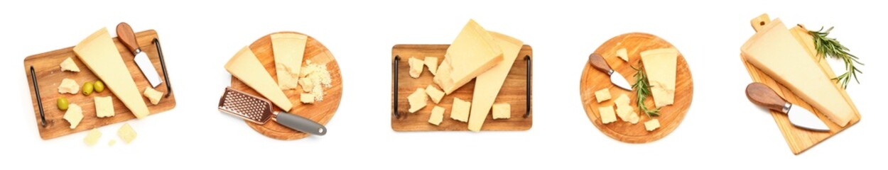 Set of tasty Parmesan cheese on white background, top view