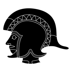 Head of Ancient Greek warrior wearing helmet. Vase painting style. Ethnic design. Black and white silhouette.