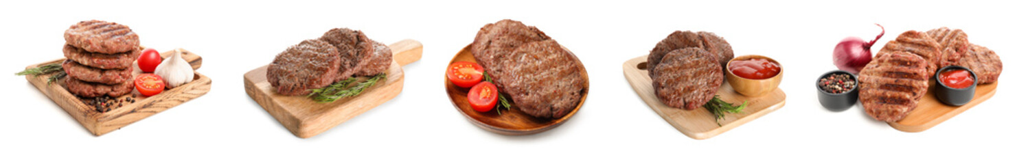 Set of tasty meat cutlets on white background