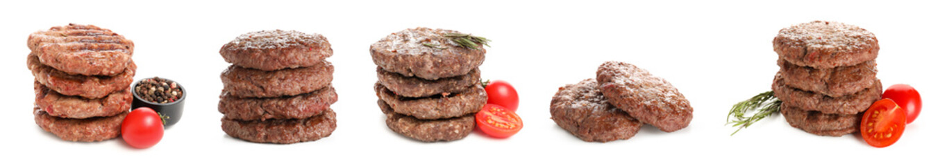Set of tasty meat cutlets on white background