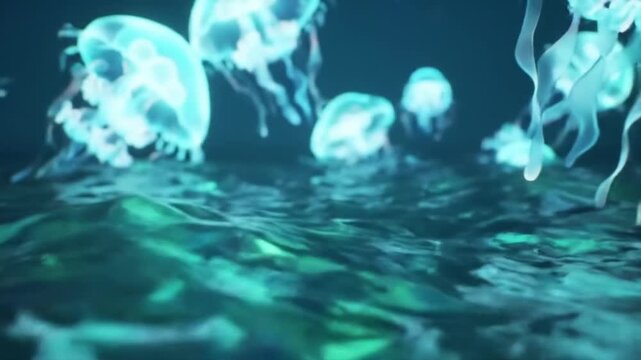 Captivating Underwater Symphony A Glimpse into the Mysterious World of Bioluminescent Jellyfish, Dancing Gracefully in the Deep Ocean