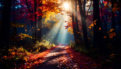 Naklejka premium Autumn Forest Path Sunbeams . Nature Concept. Generated Image