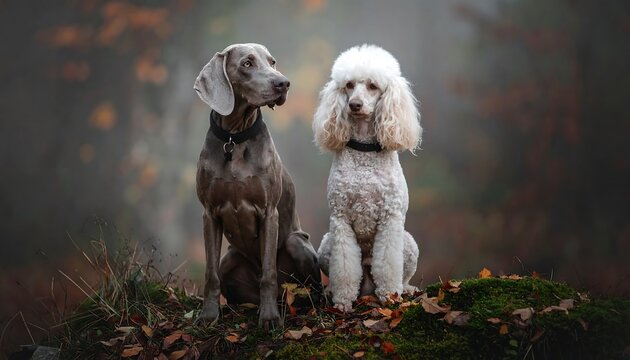 Two dogs in autumnal forest