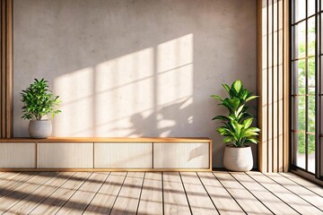 Sun-Drenched Minimalist Interior with Green Plants and Wooden Accents Offers a Tranquil and Serene Atmosphere for Modern Living, Ideal for Home Decor and Interior Design Concepts
