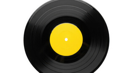 Fototapeta premium Close up of a black vinyl record with a yellow label on a white background