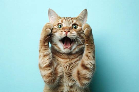 Hilarious ginger tabby cat looking surprised with paws up against a teal background, perfect for meme templates, reaction images, and lighthearted animal content