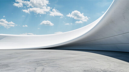3d render of Modern wave shape minimalist wall with empty concrete floor. White clouds in the blue sky .