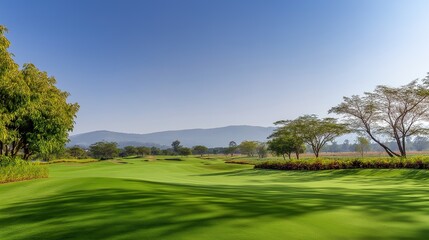 fairway. Vast green golf course under bright sunlight, capturing the tranquility of open landscapes. travel magazines, destination branding, designed for outdoor magazines and nature guides.
