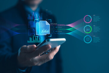 Businessman using smartphone for data upload with virtual interface showing cloud storage, analytics, processing system, and digital business information transfer