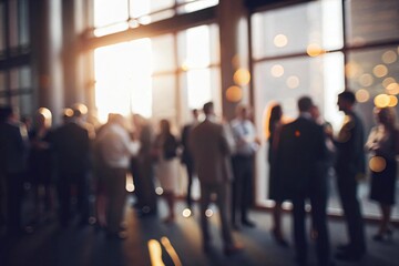 Dynamic business networking event with blurred attendees in a bright, modern space, perfect for corporate communications and showcasing company culture, creating a sense of vibrancy and connection