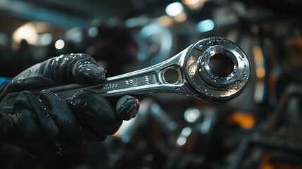 Close-up of a hand in a black glove holding a large adjustable wrench