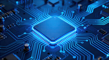 A close-up image showing a computer microchip with illuminated circuit lines, representing advanced technology in electronics.