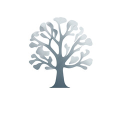 Silhouetted, stylized tree graphic, light gray, metallic appearance