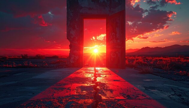 Vivid sunset framed by weathered door, light reflecting on cracked surface, casting a warm glow across desolate landscape, evoking a sense of mystery
