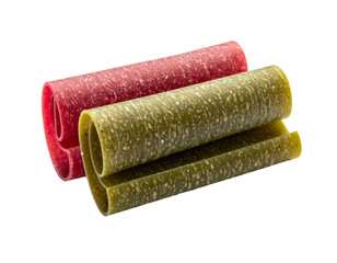 Two rolled, colorful, textured candies