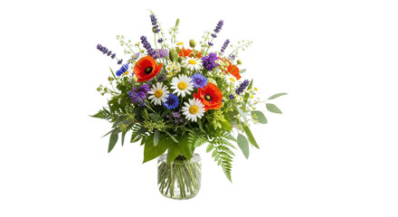 Colorful summer flower bouquet in glass vase isolated PNG with Transparent Background