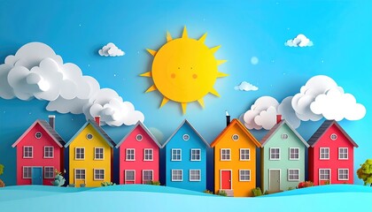 Cartoon illustration showcasing colorful houses under a bright sun and fluffy clouds against a blue sky. Vector image, cheerful mood