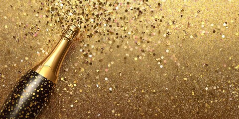 A champagne bottle surrounded by sparkling golden confetti, perfect for festive celebrations and special occasions.