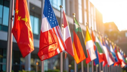 Row of many global nation flags flutter in the sunlight, lined up outside a building, with blurred background architecture and bright sun flare