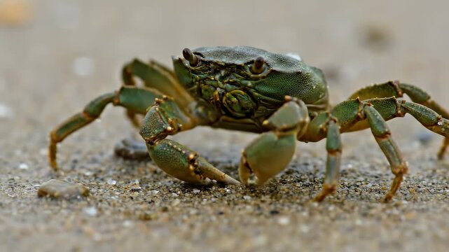 Close-Up View of a Green Crab Resting on Sandy Shoreline in a Coastal Environment, Showcasing Intricate Details and Natural Textures in Marine Habitat