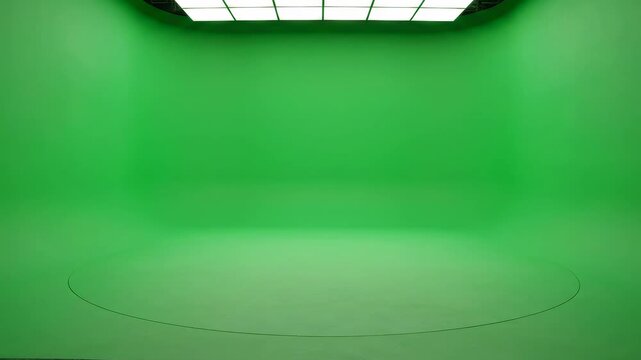 Empty green studio space with bright lighting, perfect for product photography, video backgrounds, and creative media projects, showcasing versatility and adaptability for any vision
