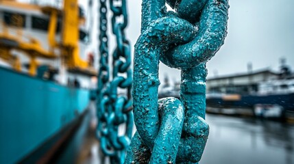Close-up of weathered, teal-colored mooring chains