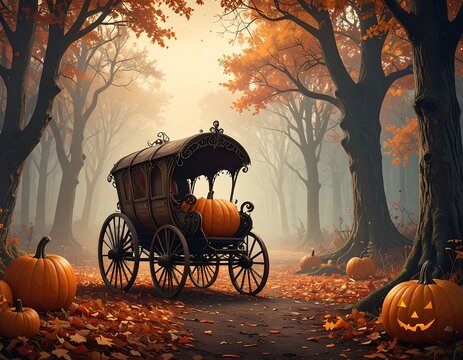 Autumnal carriage in a misty forest