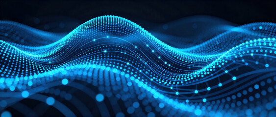 A blue abstract wave pattern with dots showcasing a dynamic data flow in a modern technological context.