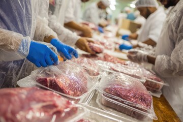 Meat Processing in a Clean Environment with Sealed Packages and Workers
