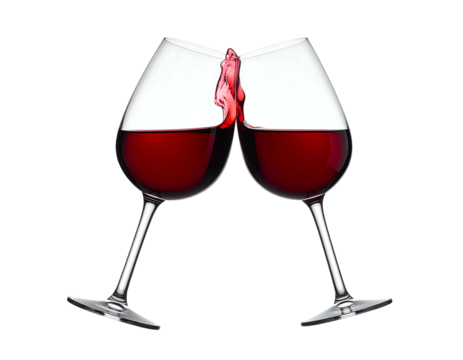 Two wine glasses filled with red wine, clinking together