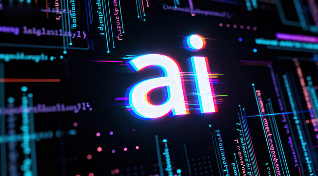 An image showcasing AI with glitch effect on a code background, representing modern technology and digital innovation.
