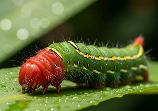 Vibrant caterpillar saunters on a leaf glittering with morning dew drops - Powered by Adobe
