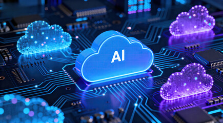 An image showcasing artificial intelligence on a circuit board with glowing cloud shapes representing digital technology and innovation.