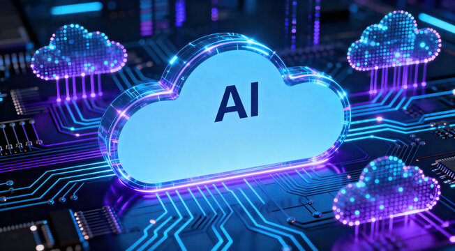 A futuristic image showing AI concept with cloud shapes on a circuit board, highlighting technological advancement. - Powered by Adobe