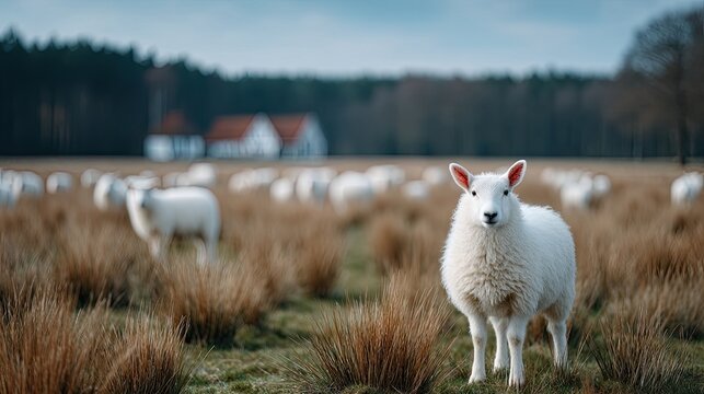 Flock of White Sheep Grazing in Golden Field Under Clear Sky Cinematic HDR