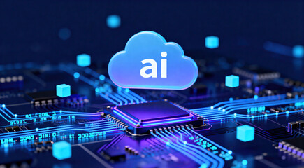 An image showing artificial intelligence concept with cloud symbol on a circuit board, representing modern tech and digital innovation.