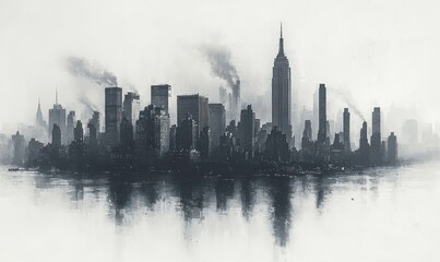 Fototapeta premium A grayscale cityscape, enveloped in mist and smog