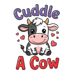 Illustration of cute cartoon cow sitting isolated on transparent background with hearts and cuddle text