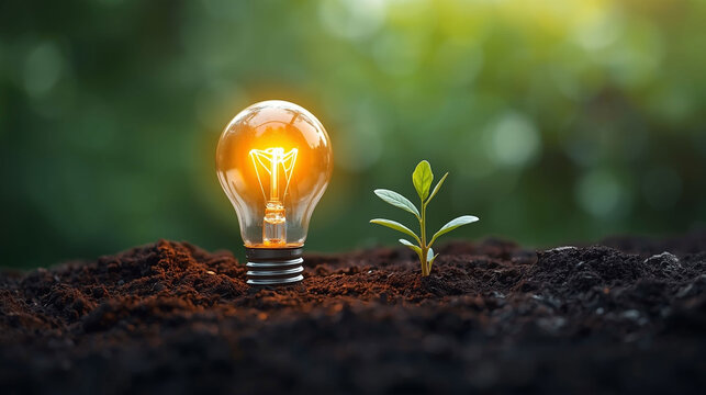 A glowing light bulb and a green plant growing together in rich soil, representing the fusion of innovation and sustainability