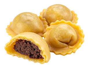 Three tortellini, golden-yellow pasta pockets, filled with dark chocolate filling, one open to show filling