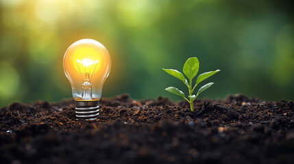 A glowing light bulb and a green plant growing together in rich soil, representing the fusion of innovation and sustainability