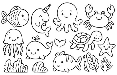 Naklejka premium Cute Sea Animals Doodle Collection with Fish, Turtle, Whale, Octopus, and Crab Isolated on Transparent Background, Generative AI