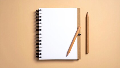 Blank white spiral notebook with kraft cover, accompanied by two wooden pencils, all arranged on a soft beige backdrop for creative projects