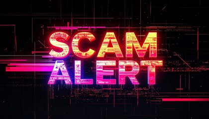 Warning graphic with "Scam Alert" in glowing text