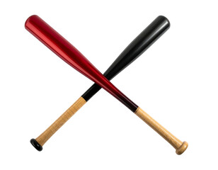 Two baseball bats crossed, one red, one black, against a black background