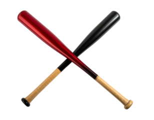 Two baseball bats crossed, one red, one black, against a black background